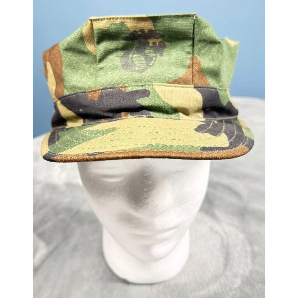 USMC Woodland Camo 8 Point Utility Cover Cap Mens Medium EGA Marines